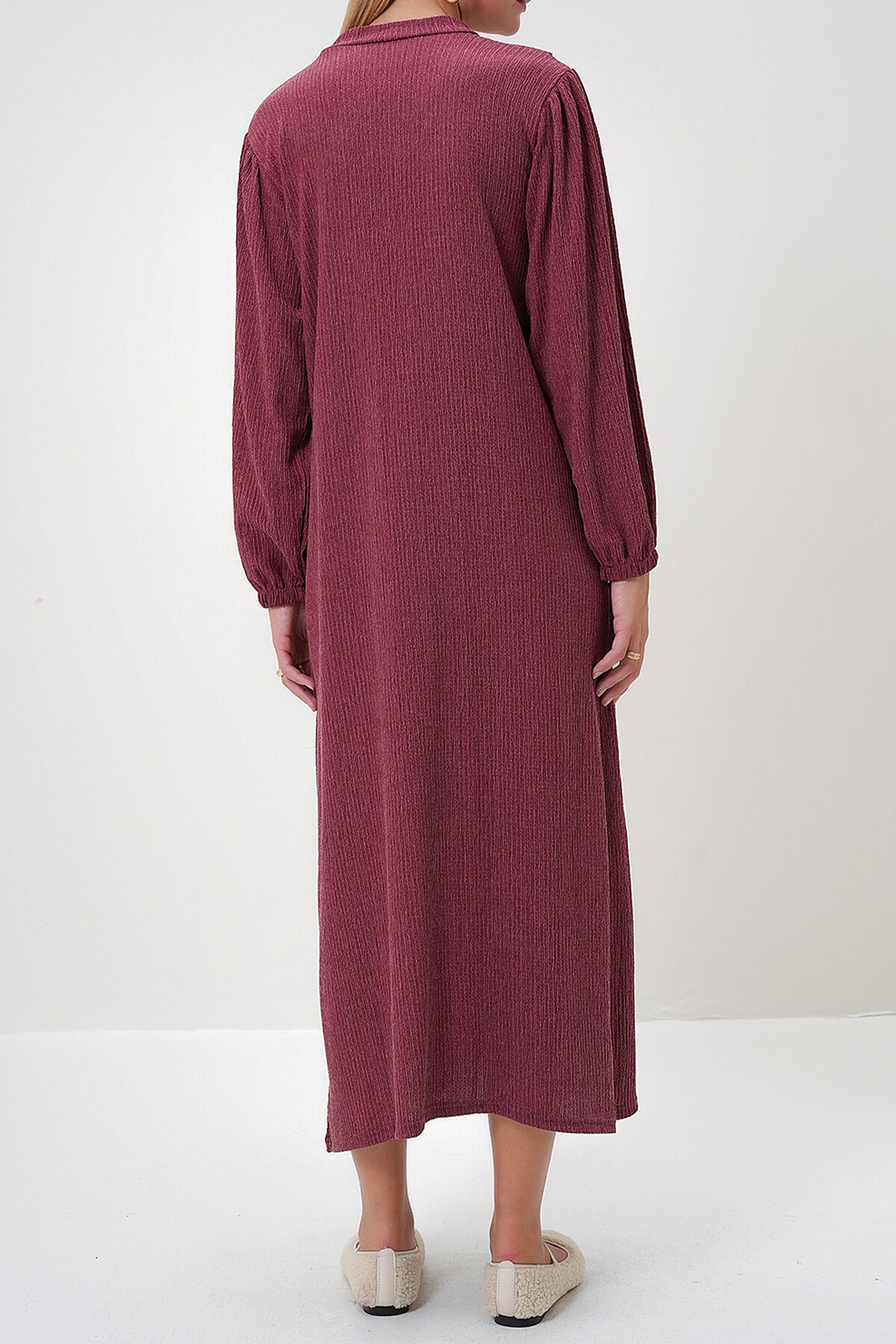 Gül Kurusu Bisiklet Yaka Balon Kol Atkı Tasarımlı Kendinden Dokulu Mevsimlik Uzun Elbise