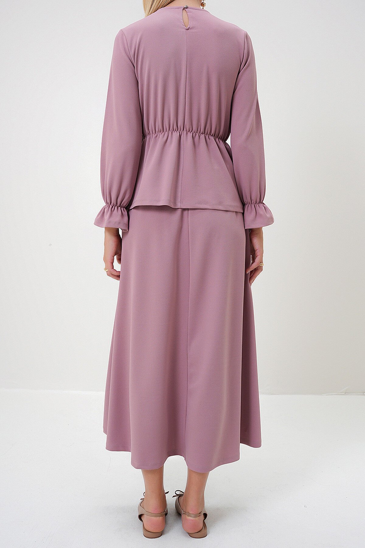 Gül Kurusu Bisiklet Yaka Kolları Volanlı Tunik Ve Etek Takım