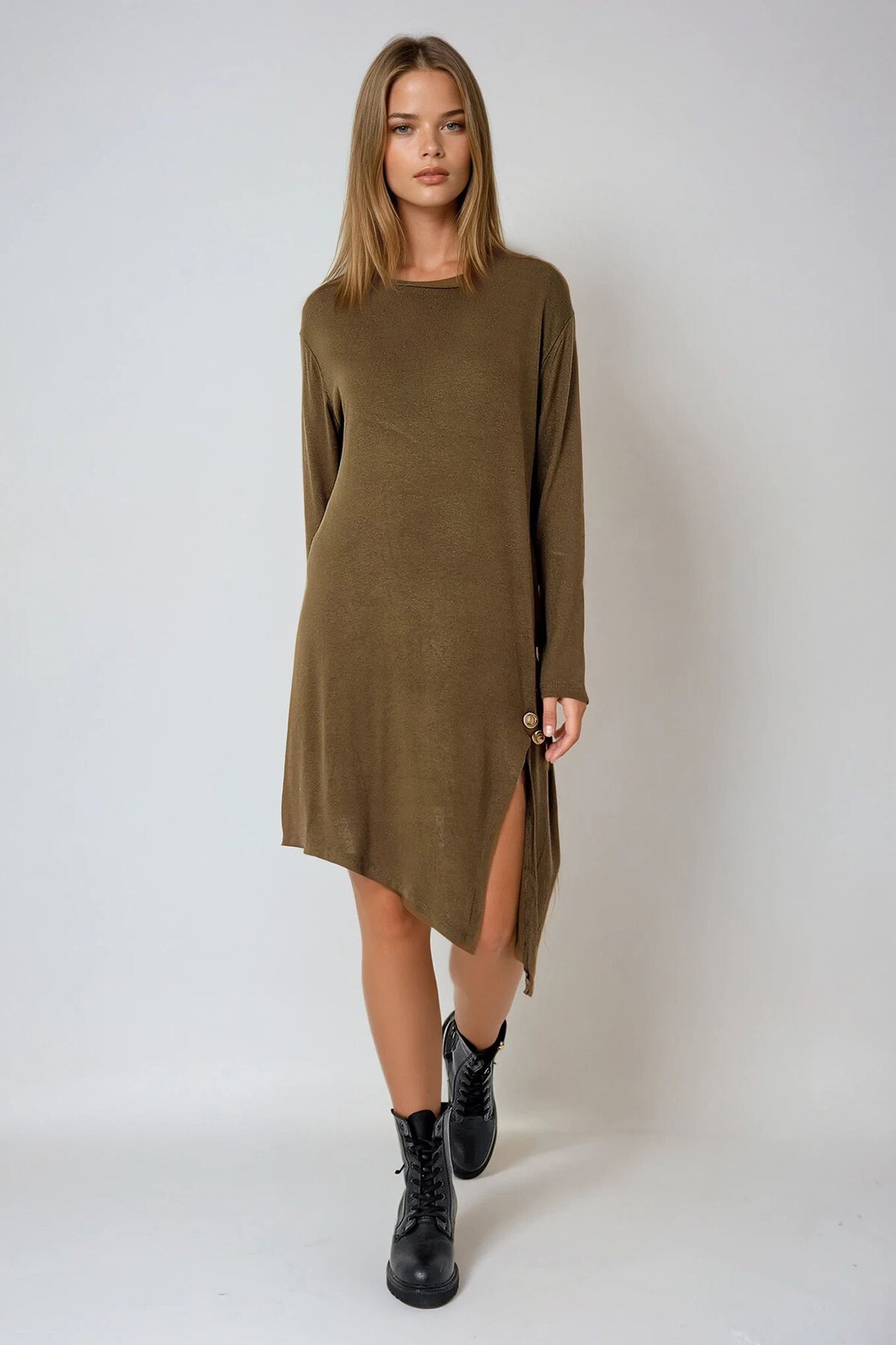 Haki Asimetrik Kesim Düğme Detaylı Viscon Elbise