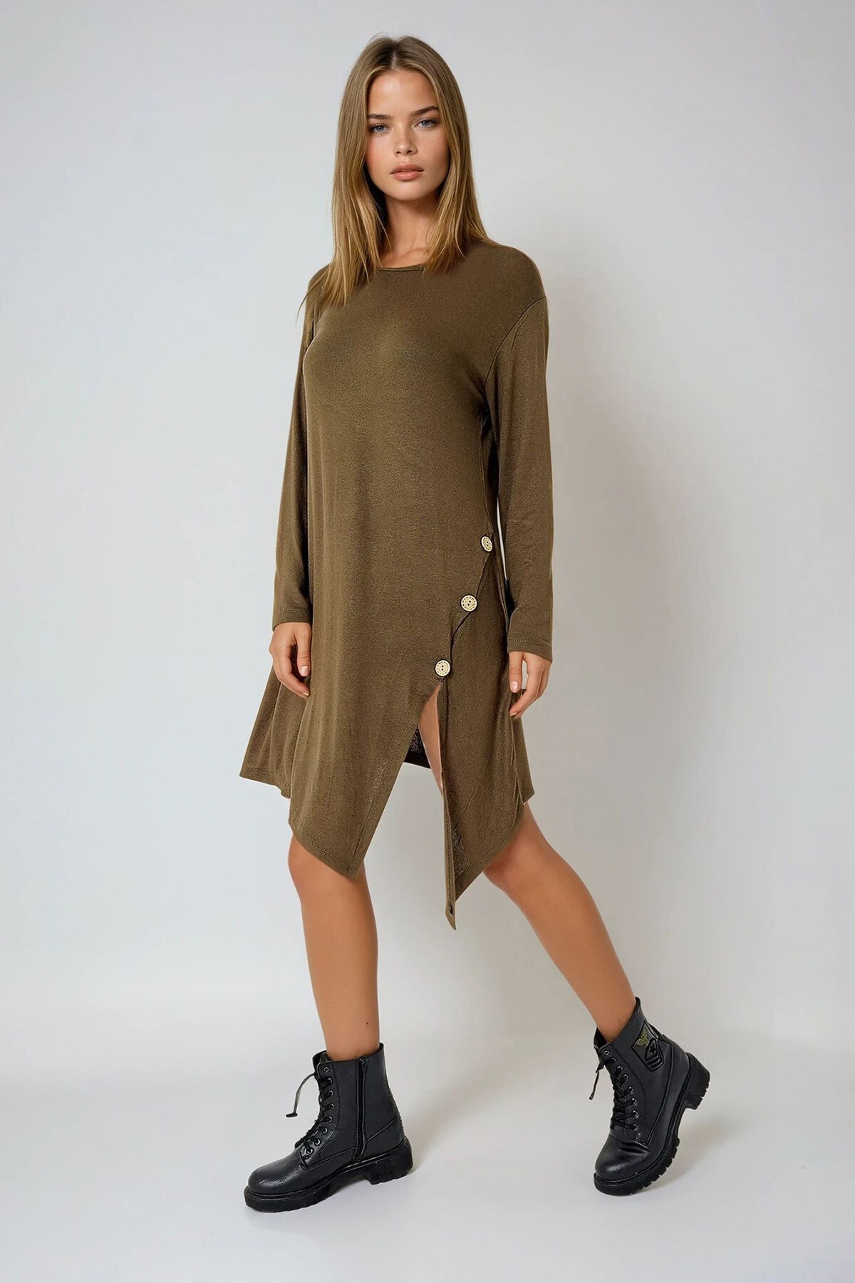 Haki Asimetrik Kesim Düğme Detaylı Viscon Elbise