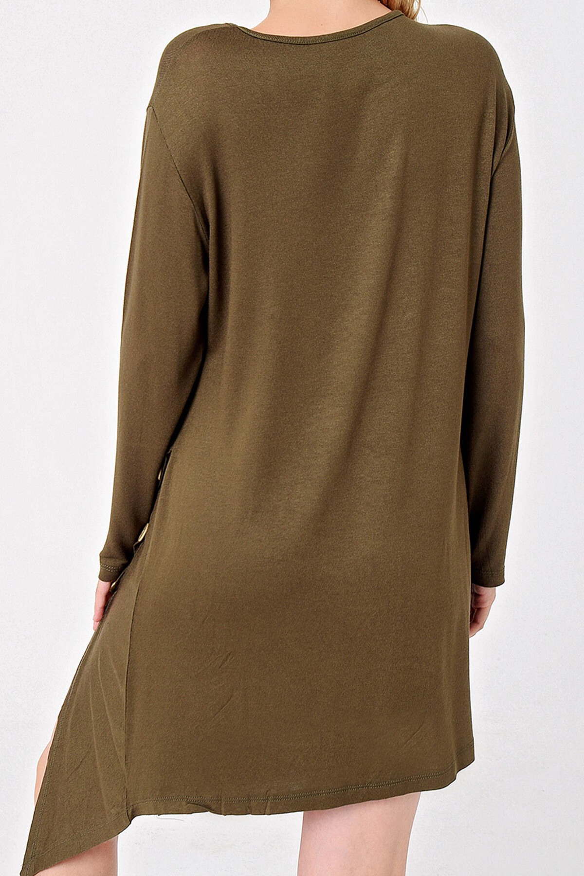 Haki Asimetrik Kesim Düğme Detaylı Viscon Elbise