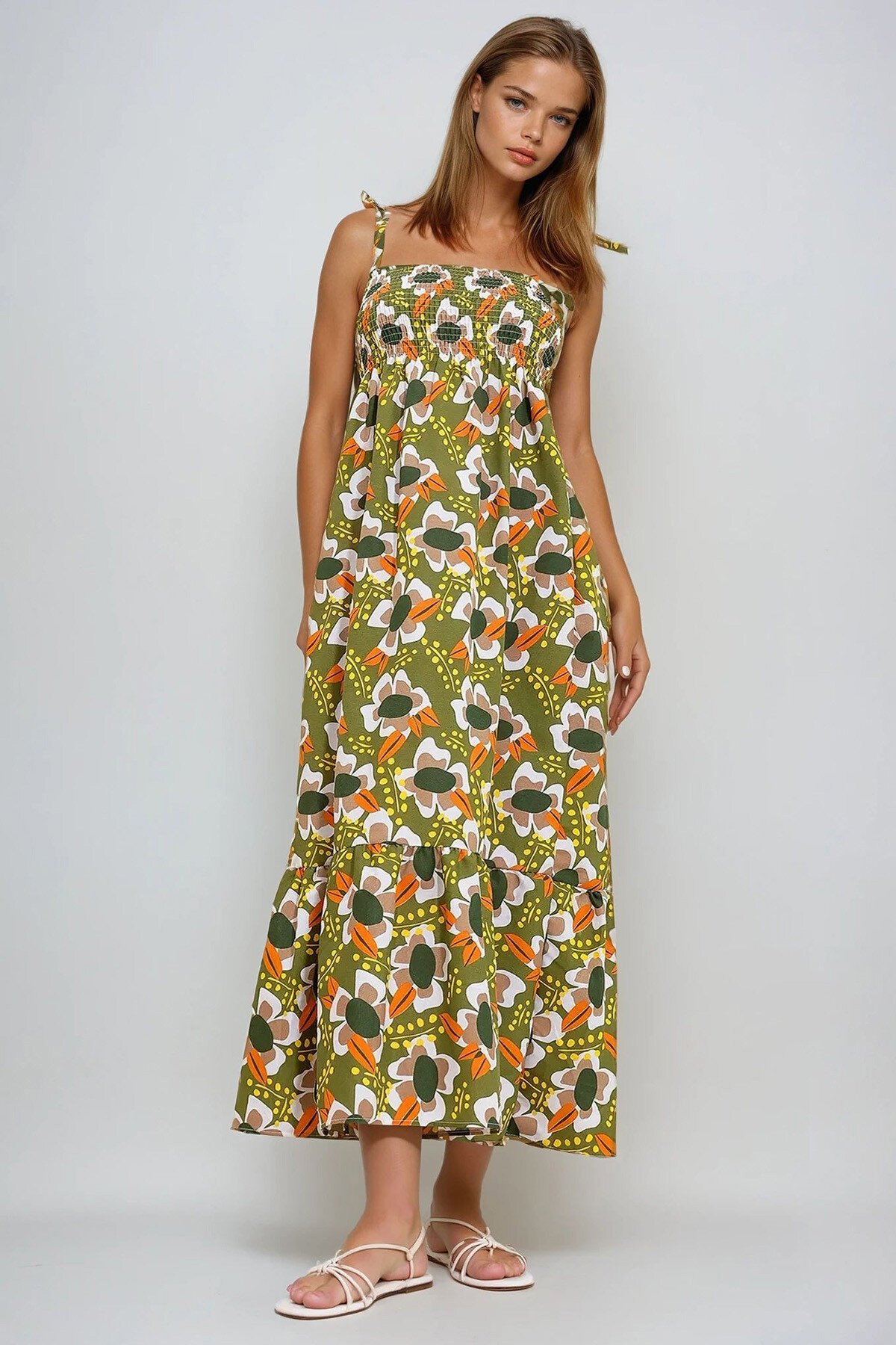 Haki Askılı Eteği Volanlı Çiçek Desenli Gipeli Dokuma Elbise