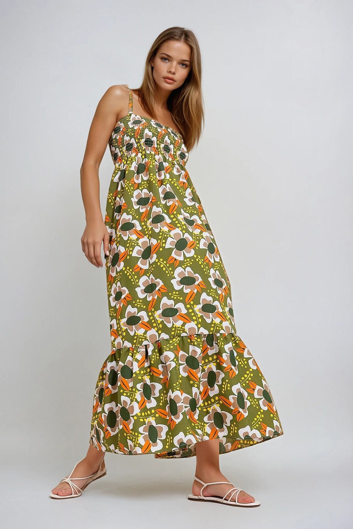 Haki Askılı Eteği Volanlı Çiçek Desenli Gipeli Dokuma Elbise