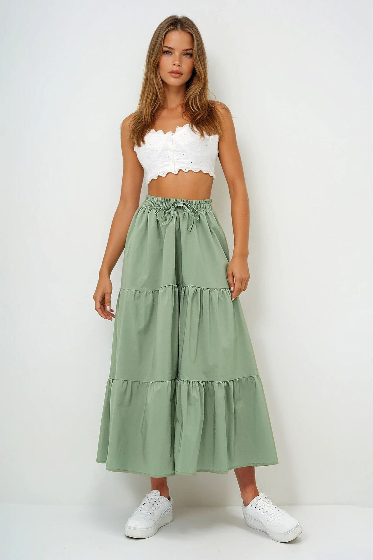 Haki Astarlı Kat Kat Volanlı  Beli Lastikli Poplin Dokuma Etek