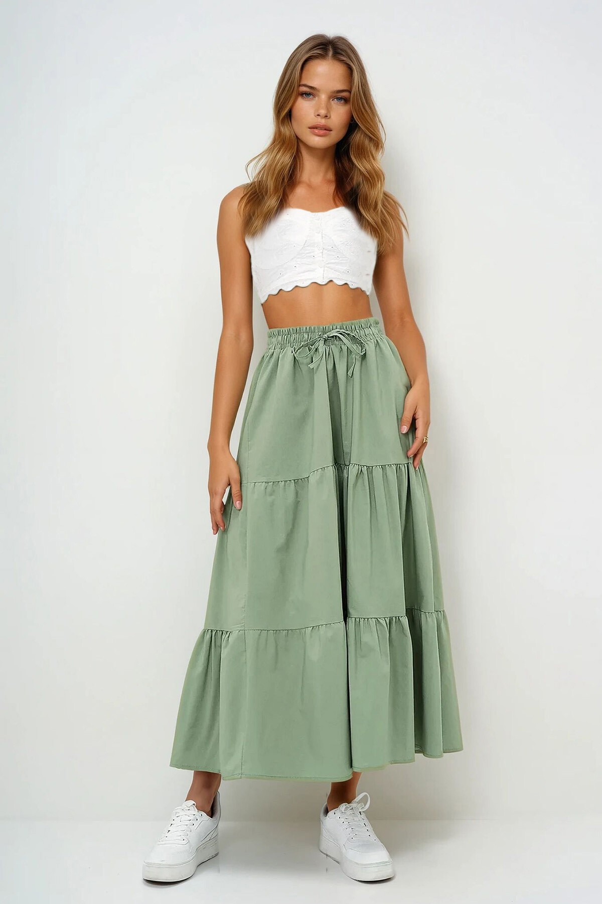 Haki Astarlı Kat Kat Volanlı  Beli Lastikli Poplin Dokuma Etek