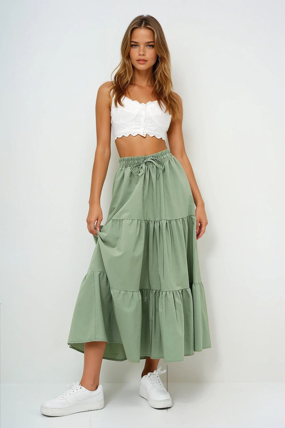Haki Astarlı Kat Kat Volanlı  Beli Lastikli Poplin Dokuma Etek