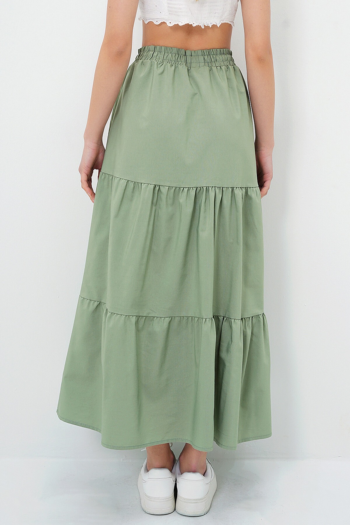 Haki Astarlı Kat Kat Volanlı  Beli Lastikli Poplin Dokuma Etek