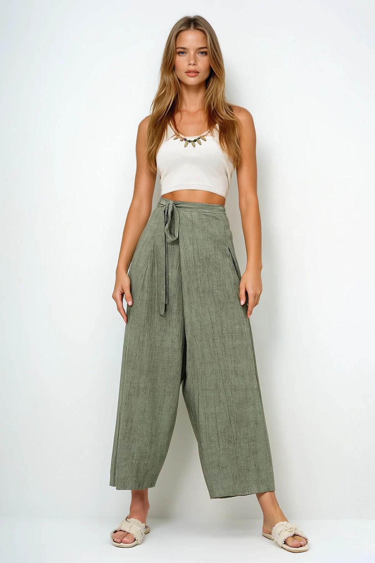 Haki Bağlama Detaylı Şalvar Kesim Aerobin Pantolon