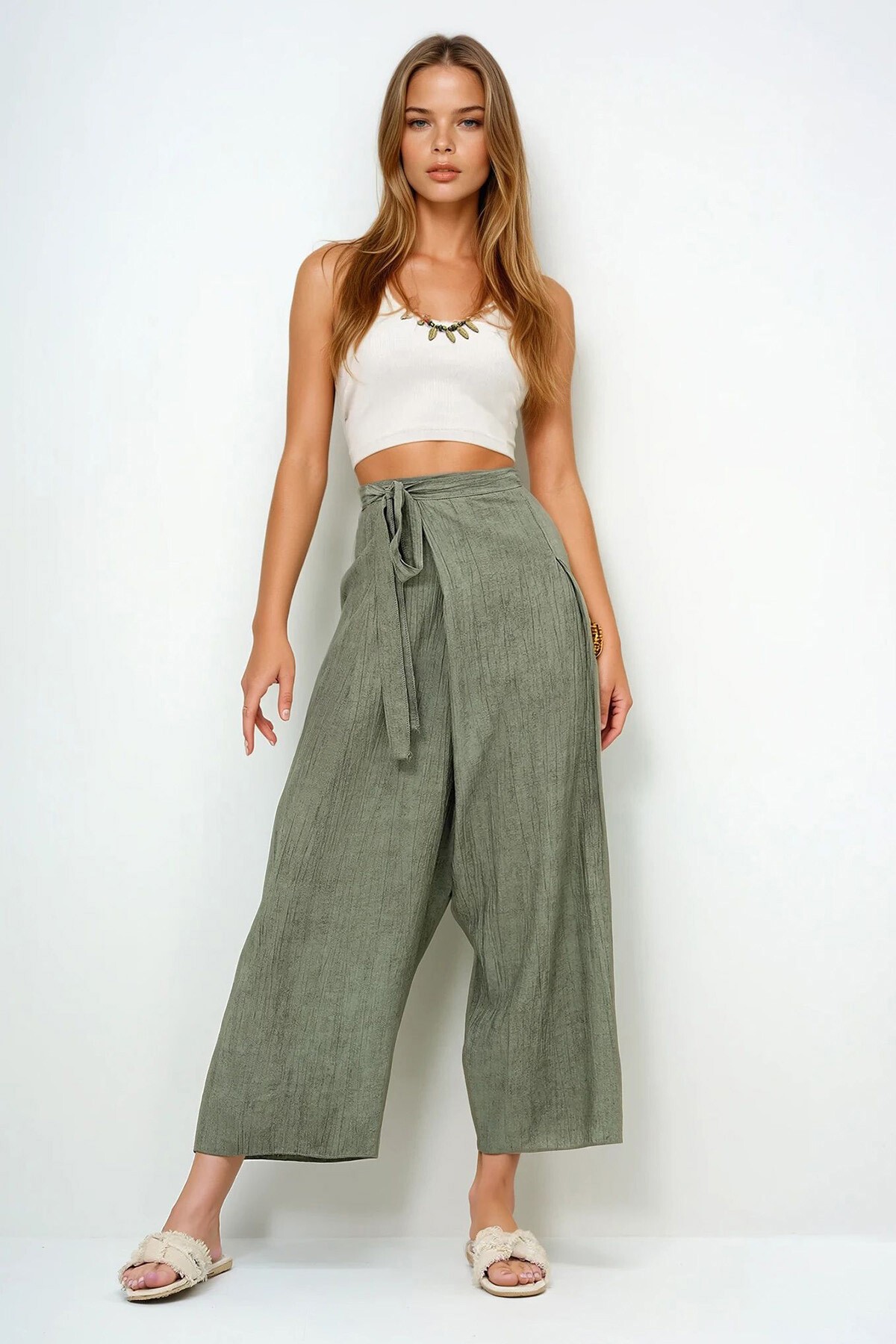 Haki Bağlama Detaylı Şalvar Kesim Aerobin Pantolon