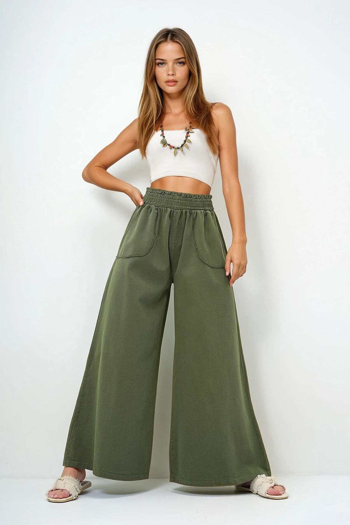 Haki Beli Gipeli Çift Cepli Bol Paça Gabardin Pantolon