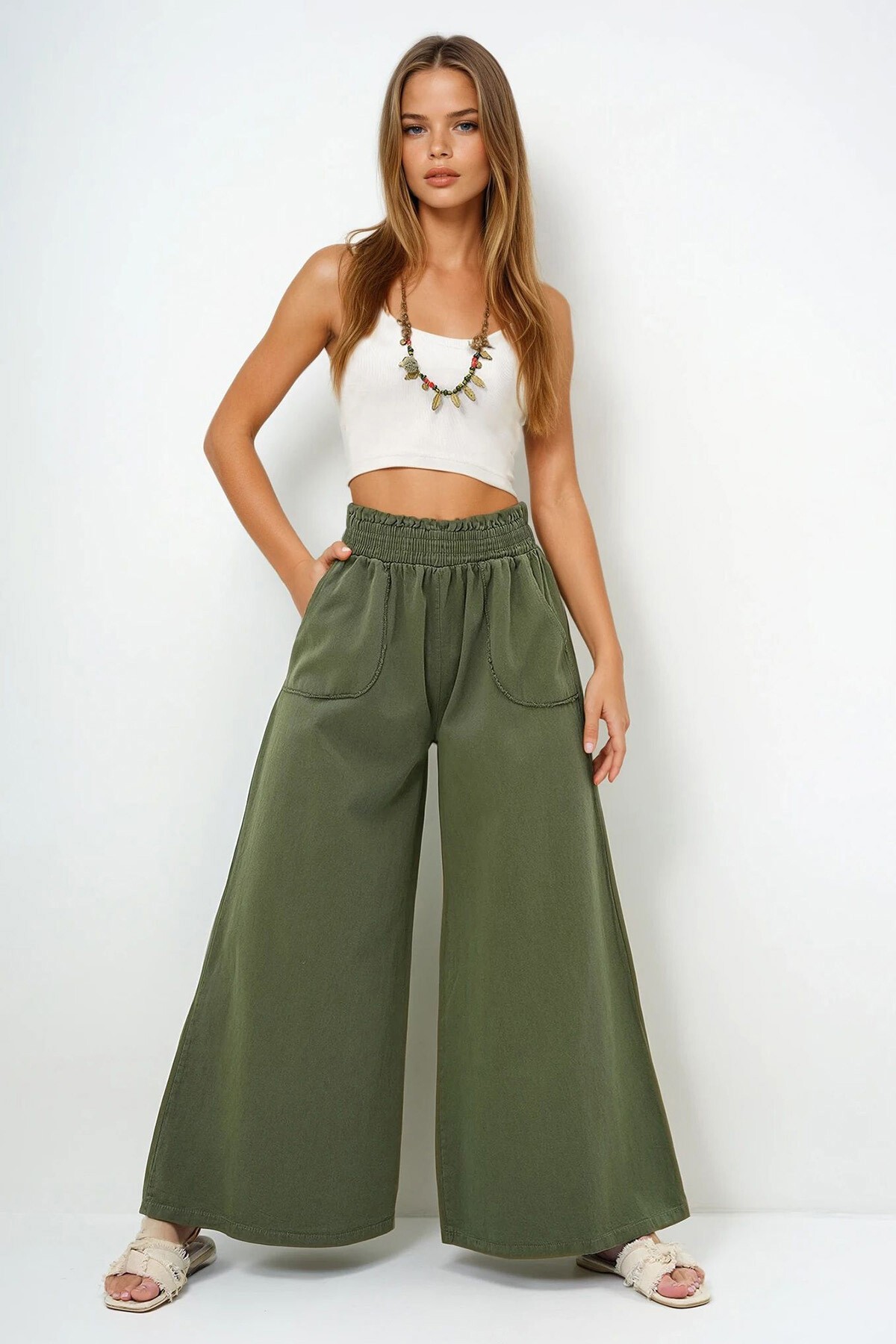 Haki Beli Gipeli Çift Cepli Bol Paça Gabardin Pantolon