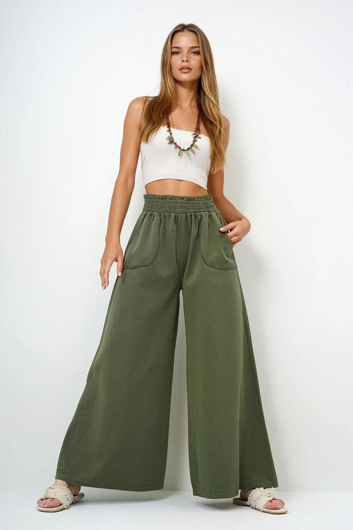 Haki Beli Gipeli Çift Cepli Bol Paça Gabardin Pantolon