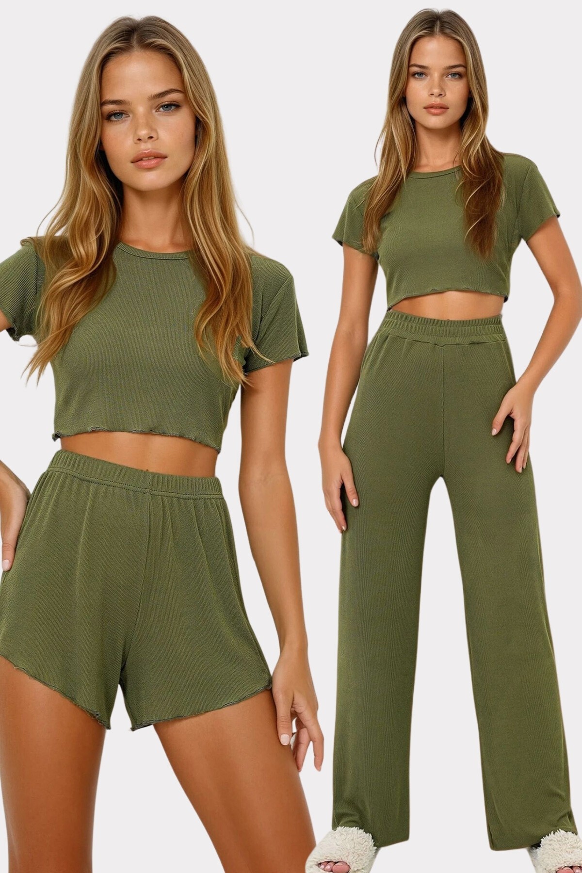 Haki Bisiklet Yaka Crop Bluz, Şort Ve Pantolonlu 3 Lü Set Pijama Takımı