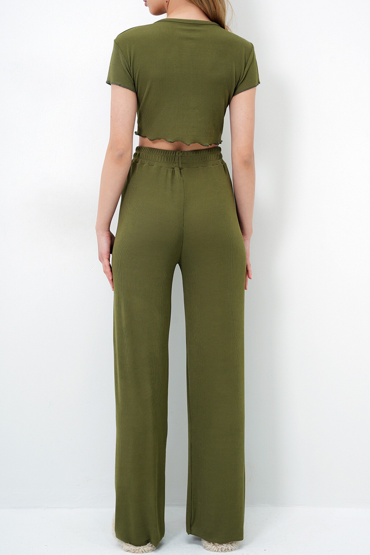 Haki Bisiklet Yaka Crop Bluz, Şort Ve Pantolonlu 3 Lü Set Pijama Takımı