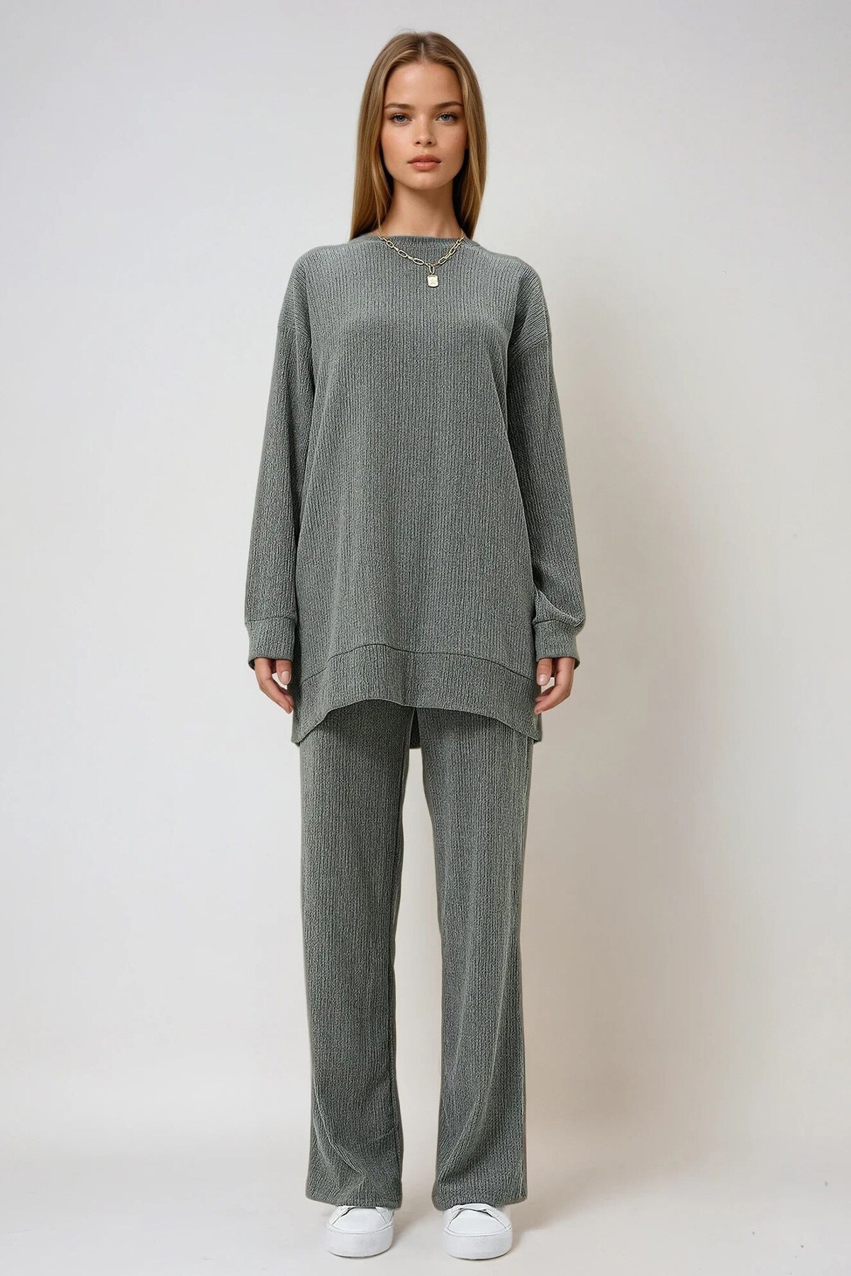 Haki Bisiklet Yaka Kendinden Dokulu Mevsimlik Tunik Ve Pantolon Takım