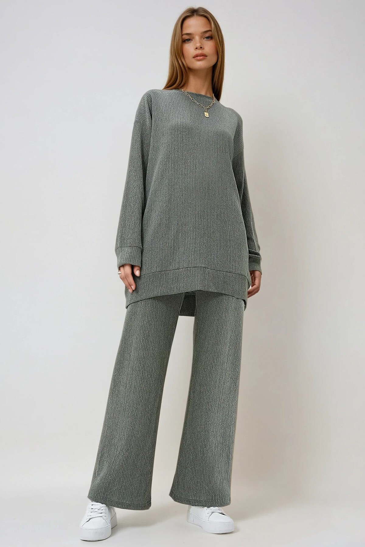 Haki Bisiklet Yaka Kendinden Dokulu Mevsimlik Tunik Ve Pantolon Takım