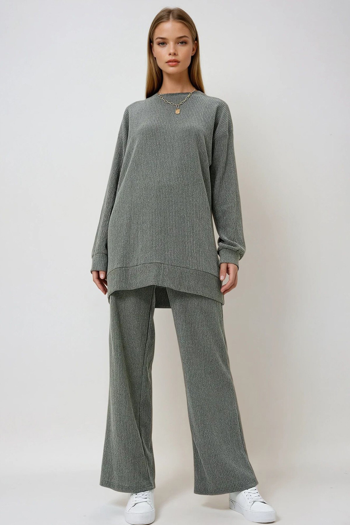 Haki Bisiklet Yaka Kendinden Dokulu Mevsimlik Tunik Ve Pantolon Takım