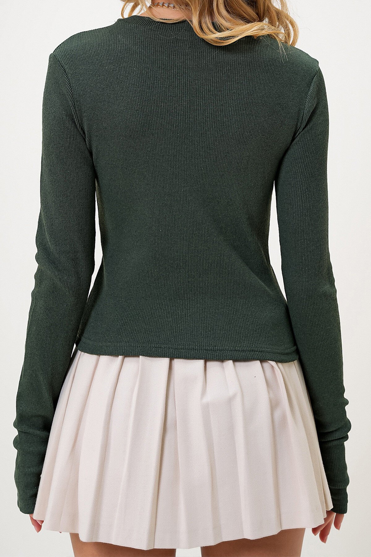 Haki Bisiklet Yaka Uzun Kol Parmak Detaylı Kaşkorse Bluz