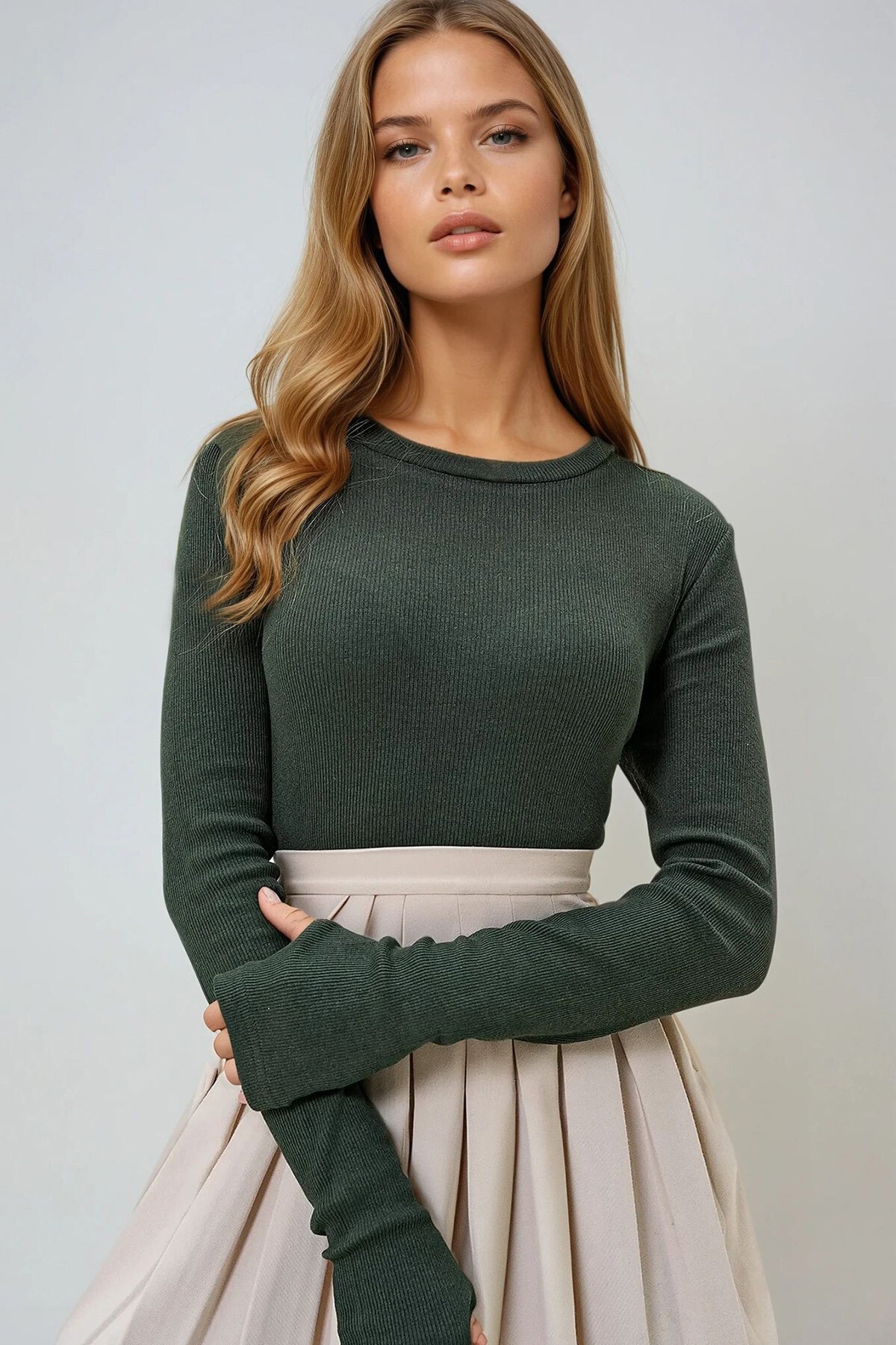 Haki Bisiklet Yaka Uzun Kol Parmak Detaylı Kaşkorse Bluz