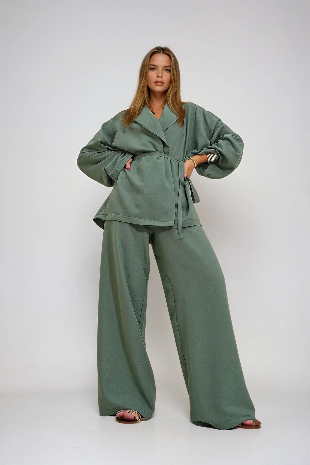 Haki Buruşuk Görünümlü Blazer Ceket Alt Üst Takım