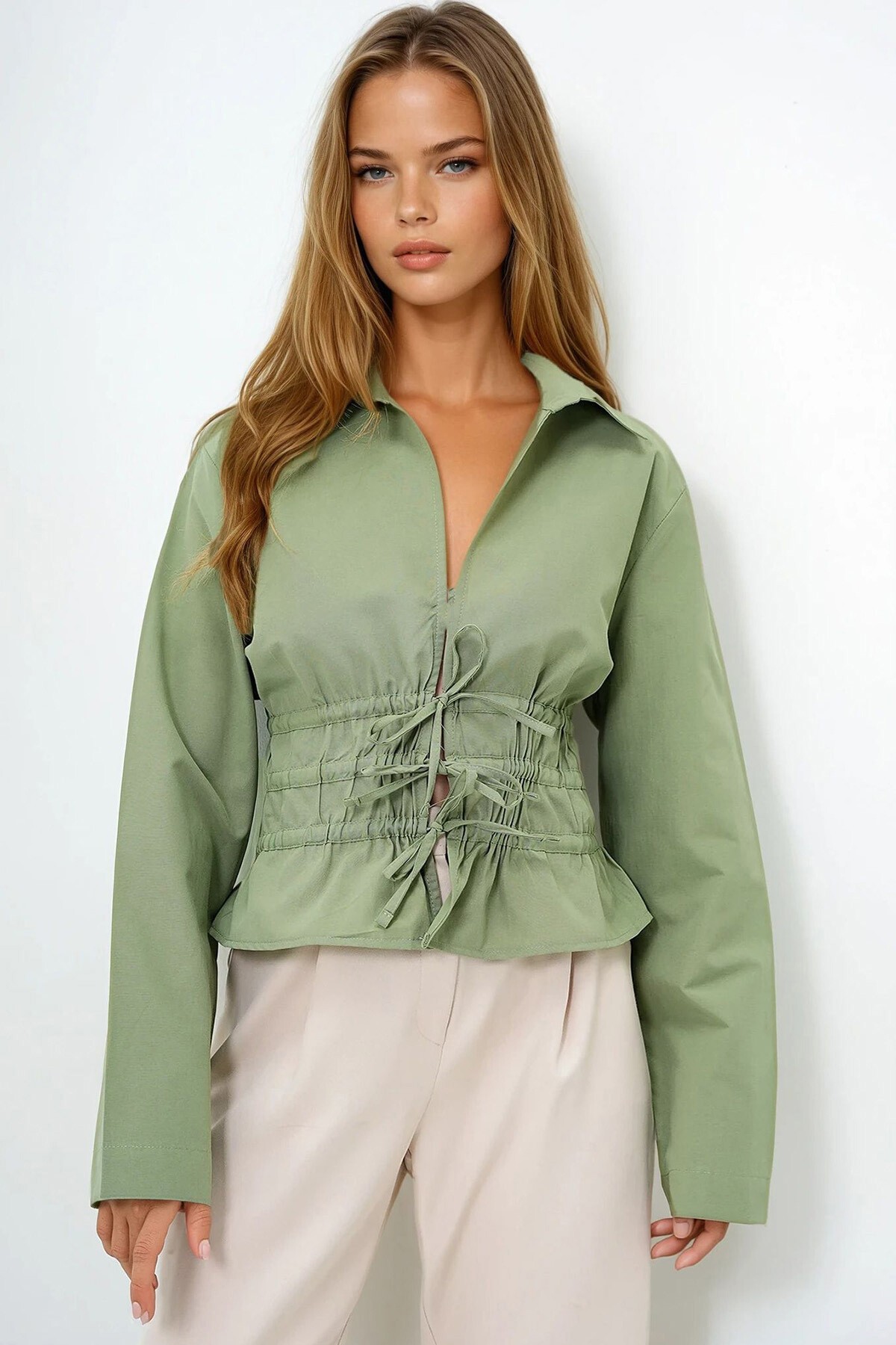 Haki Gömlek Yaka Gipeli Bağlama Detaylı Poplin Gömlek