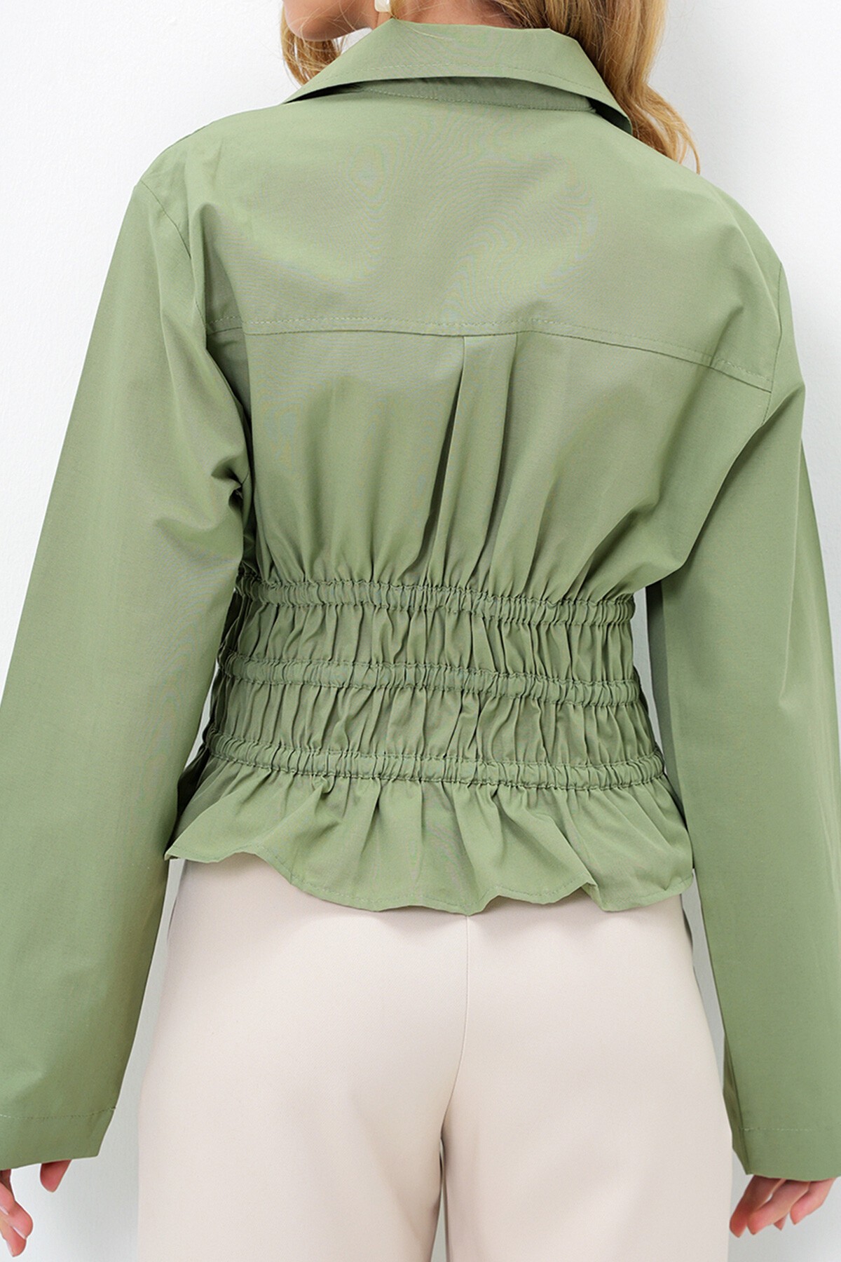 Haki Gömlek Yaka Gipeli Bağlama Detaylı Poplin Gömlek