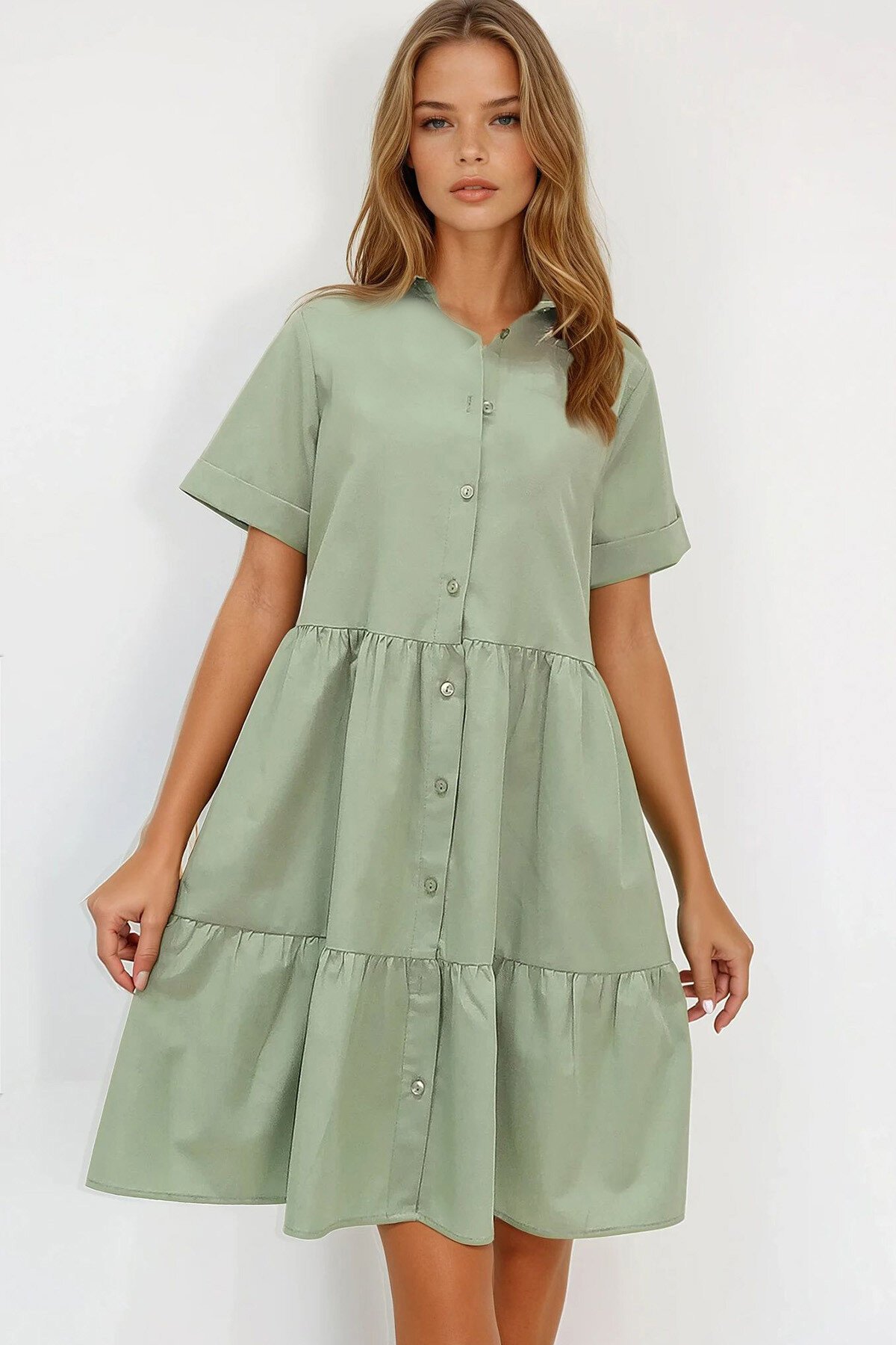 Haki Gömlek Yaka Kat Kat Volanlı Düğmeli Poplin Elbise