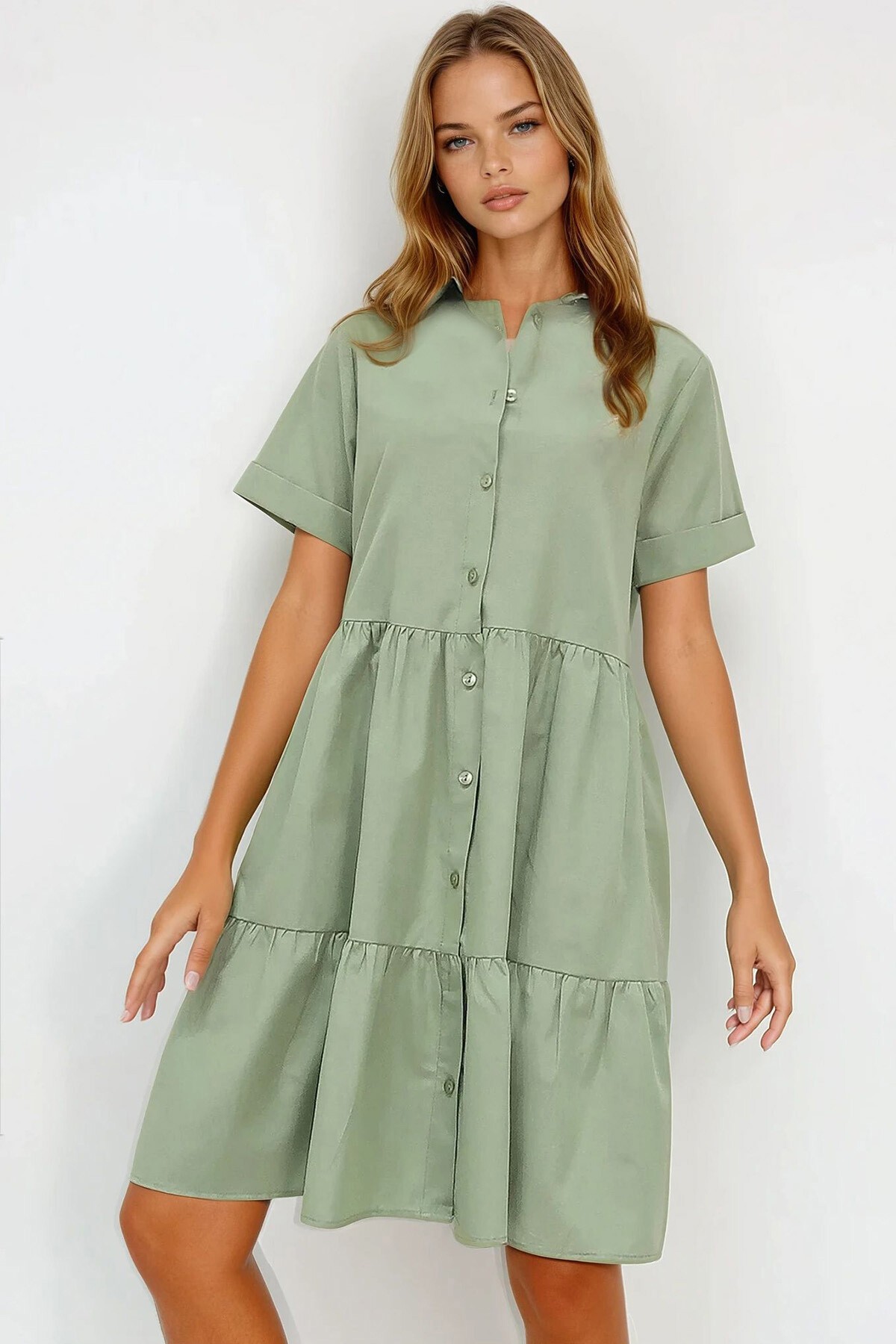 Haki Gömlek Yaka Kat Kat Volanlı Düğmeli Poplin Elbise