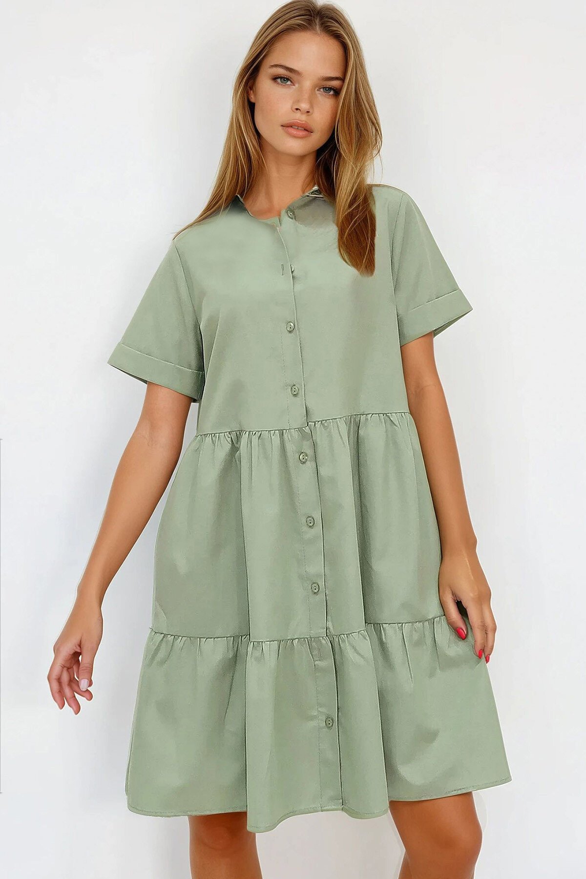 Haki Gömlek Yaka Kat Kat Volanlı Düğmeli Poplin Elbise