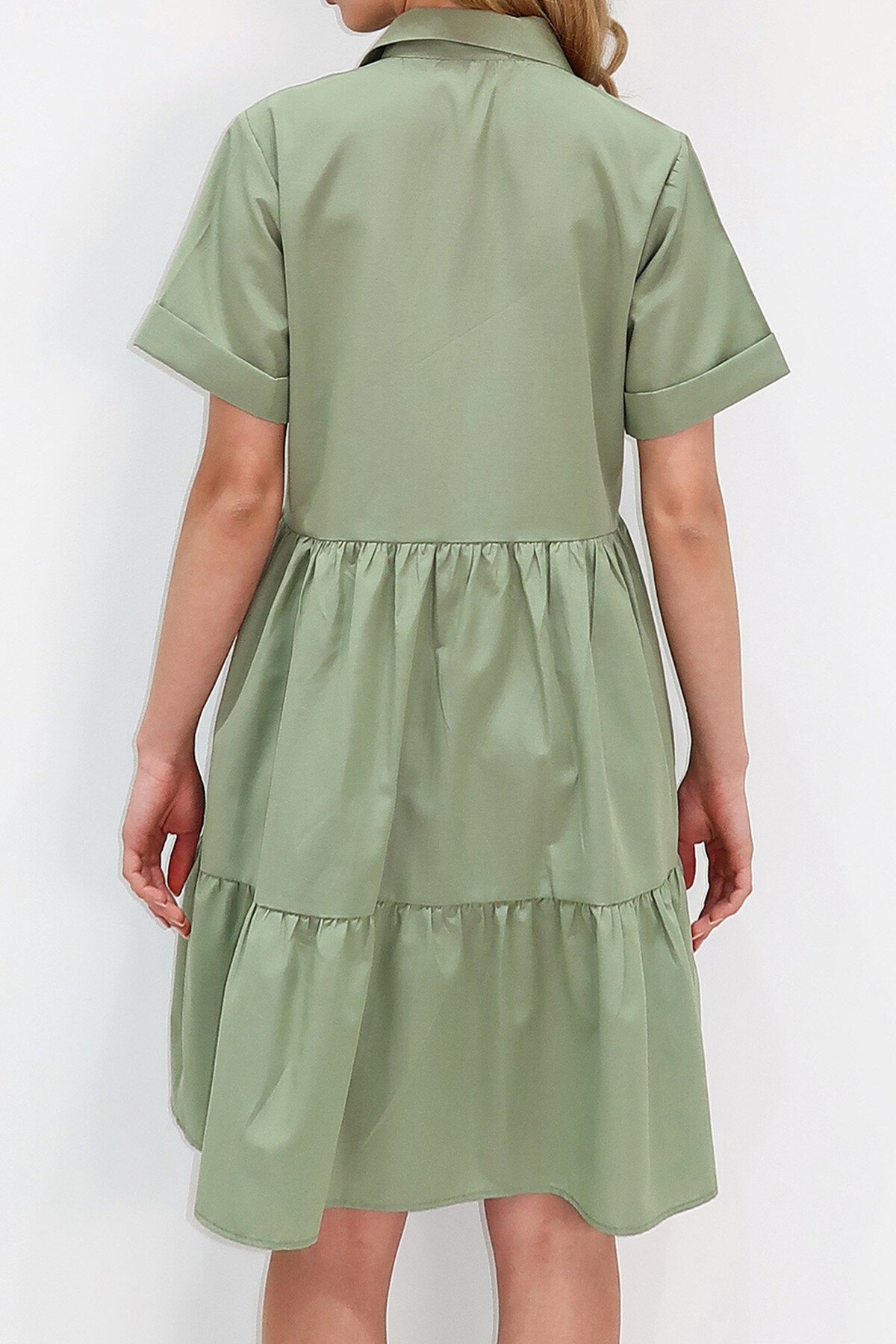 Haki Gömlek Yaka Kat Kat Volanlı Düğmeli Poplin Elbise