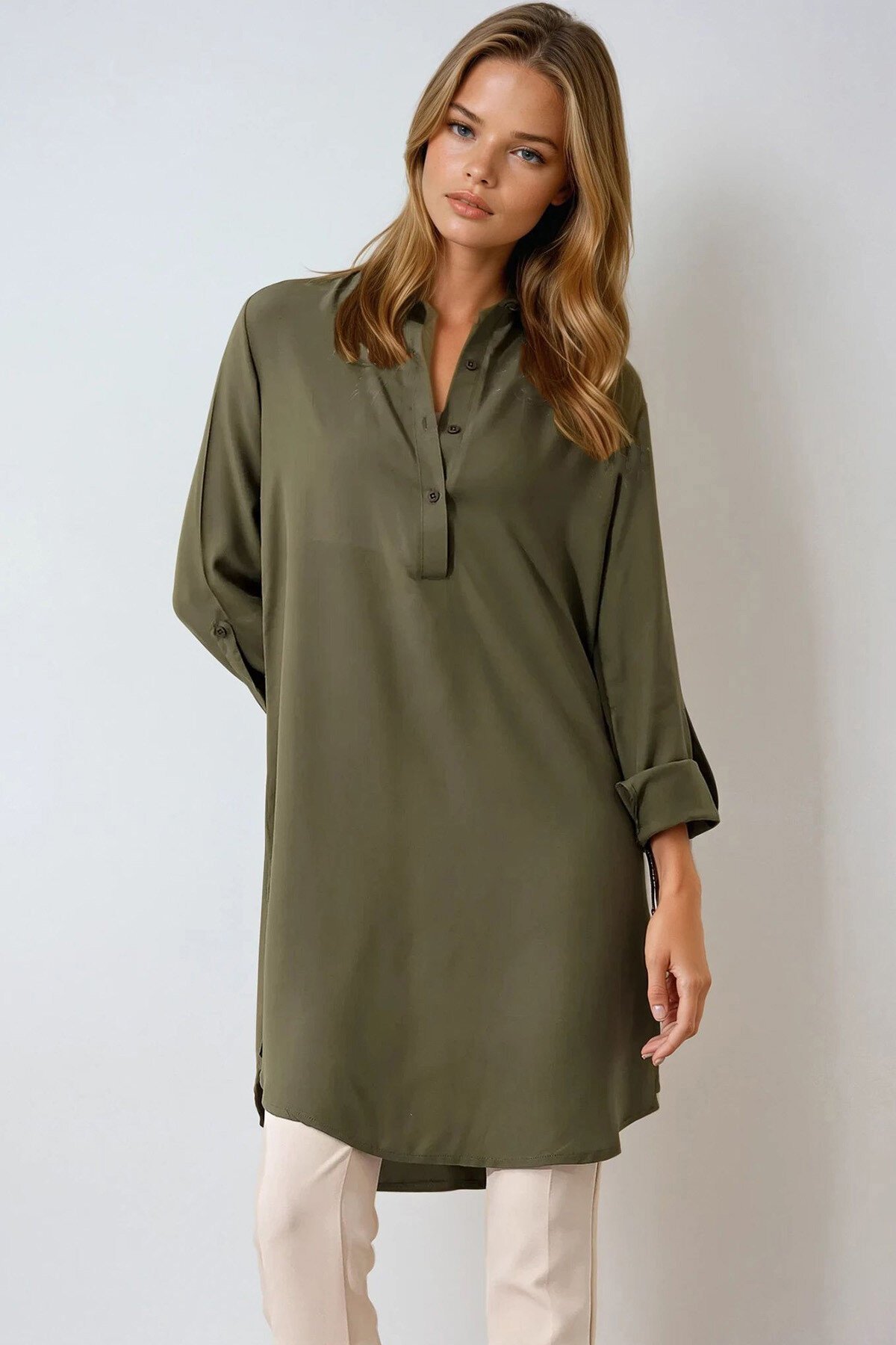 Haki Gömlek Yaka Yarım Patlı Uzun Dokuma Tunik
