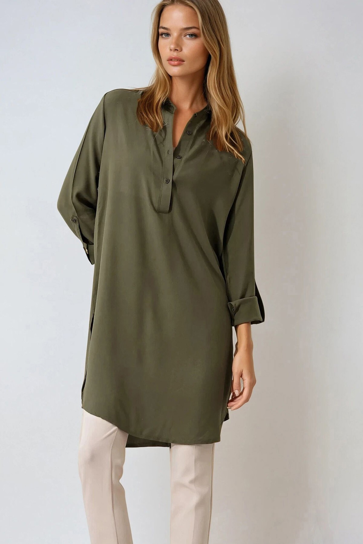Haki Gömlek Yaka Yarım Patlı Uzun Dokuma Tunik