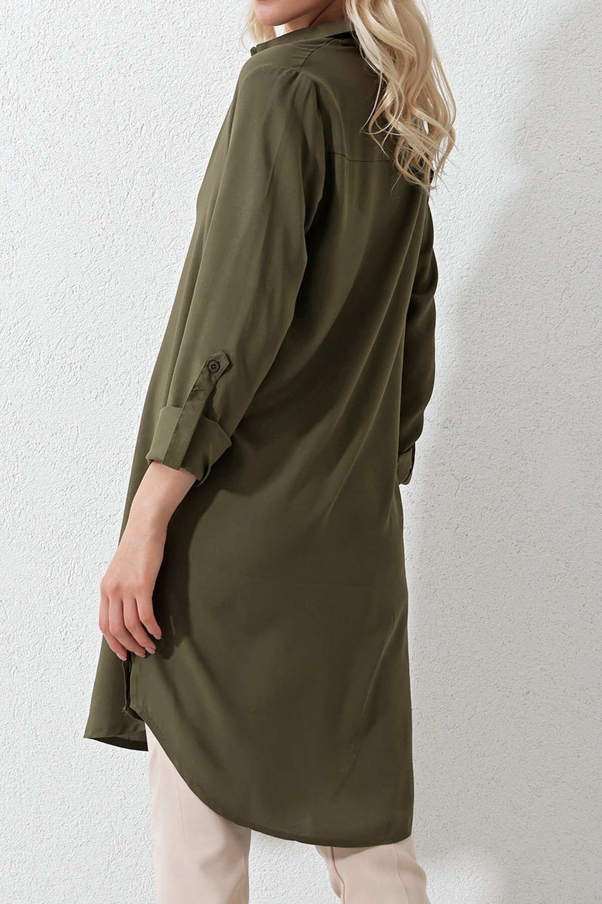 Haki Gömlek Yaka Yarım Patlı Uzun Dokuma Tunik