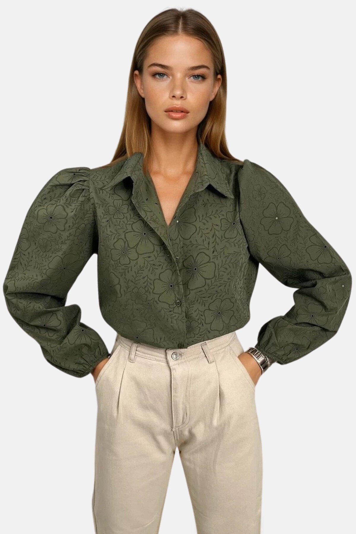 Haki Güpür Dokuma Premıum Gömlek