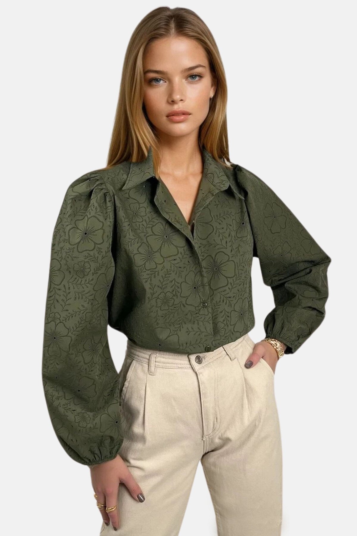 Haki Güpür Dokuma Premıum Gömlek