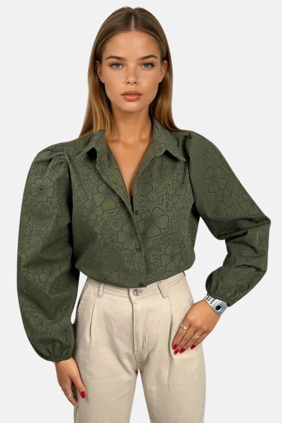 Haki Güpür Dokuma Premıum Gömlek