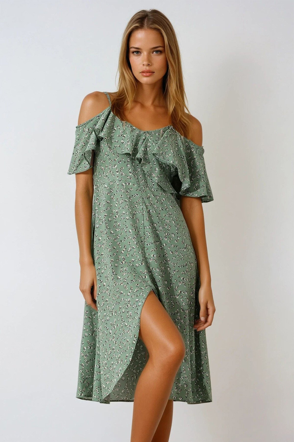 Haki İp Askılı Önü Fırfırlı Çiçek Desenli Dokuma Elbise