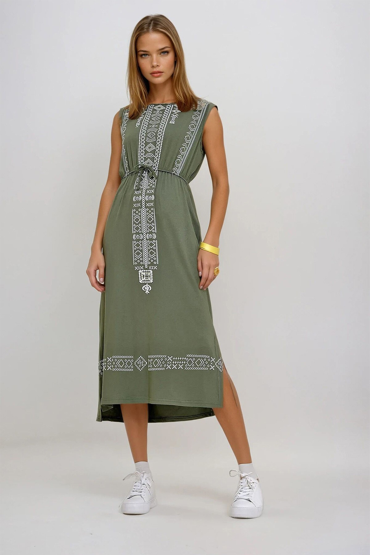 Haki Nakış Baskılı Bohem Elbise