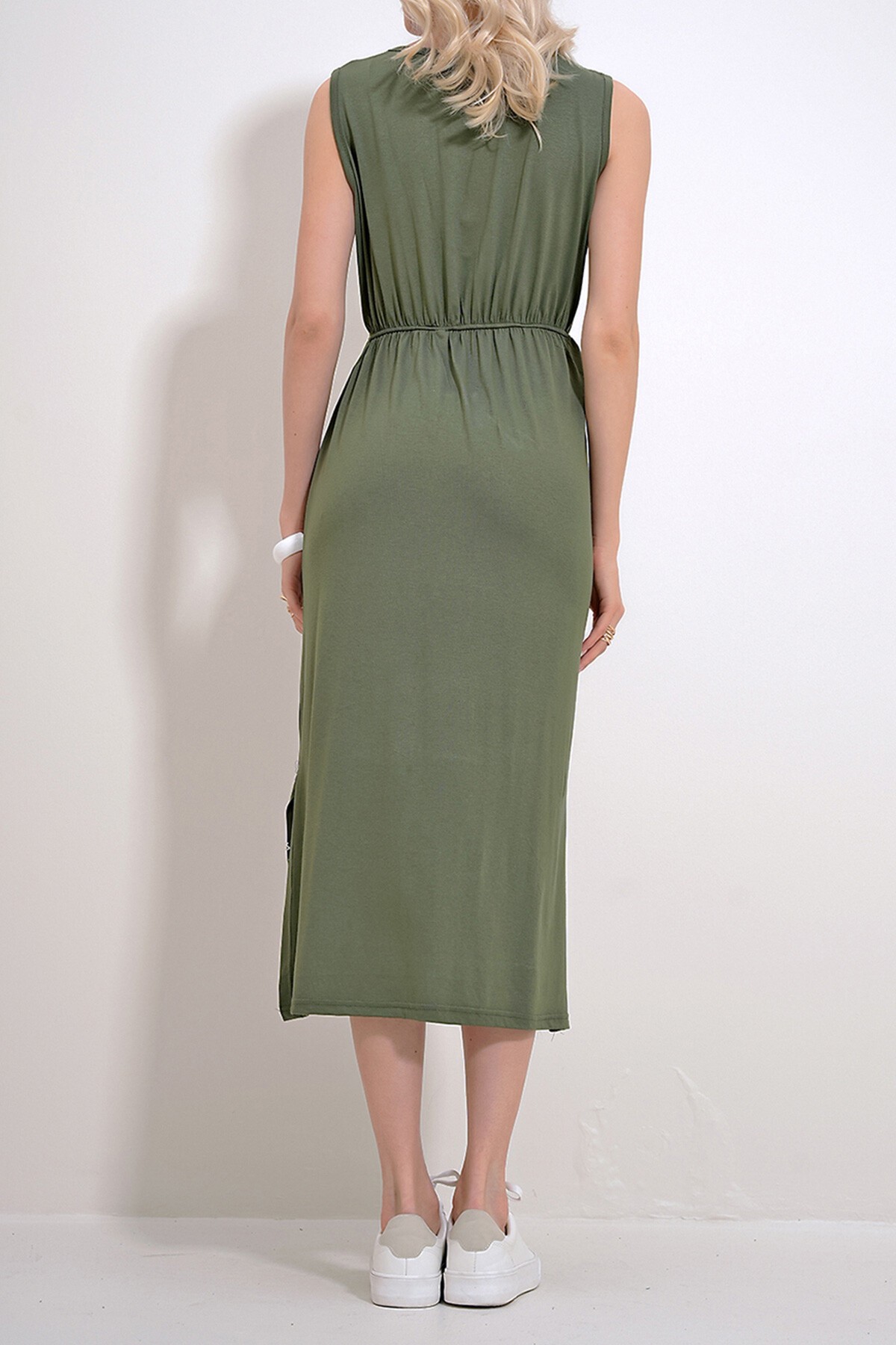 Haki Nakış Baskılı Bohem Elbise