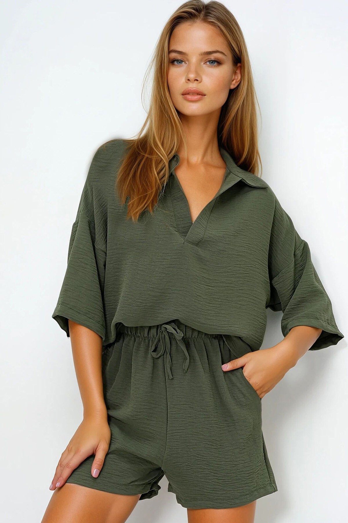 Haki Polo Yaka Aerobin Bluz Ve Şort Takım