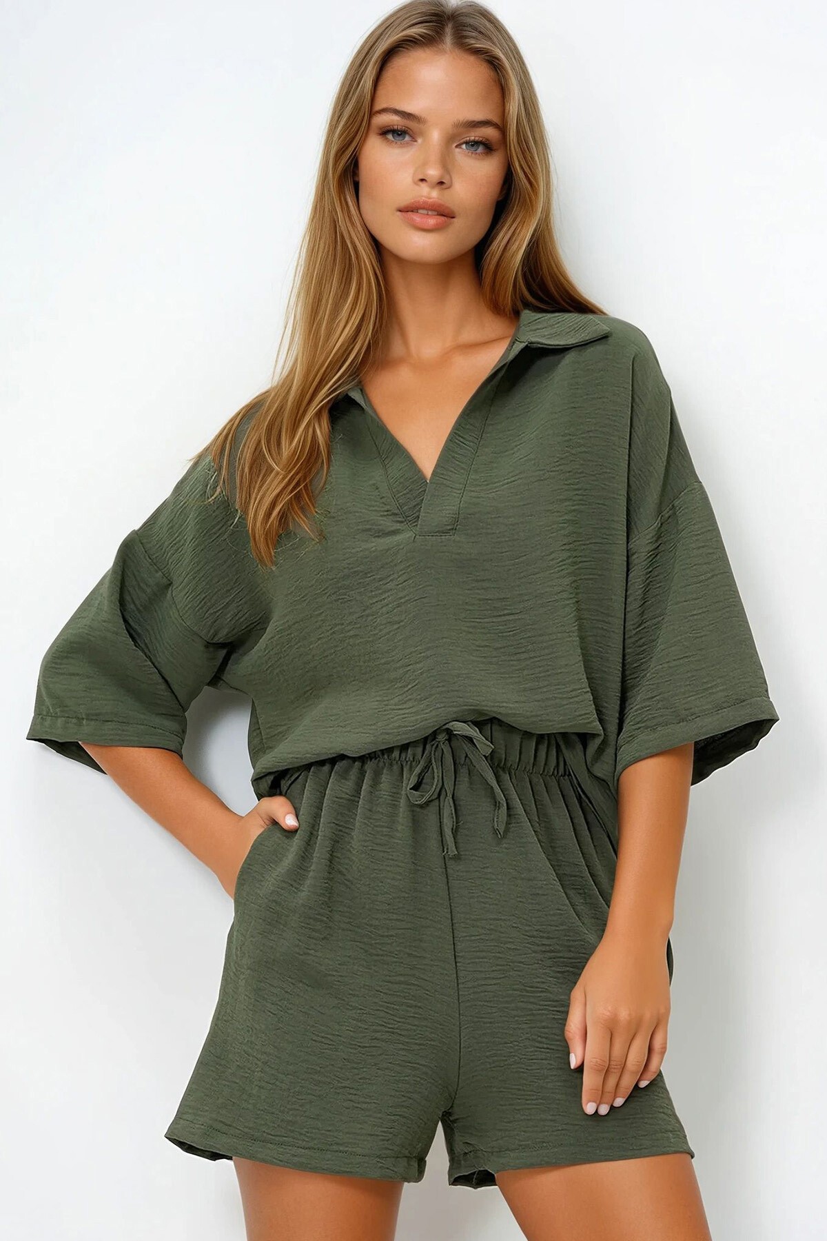 Haki Polo Yaka Aerobin Bluz Ve Şort Takım