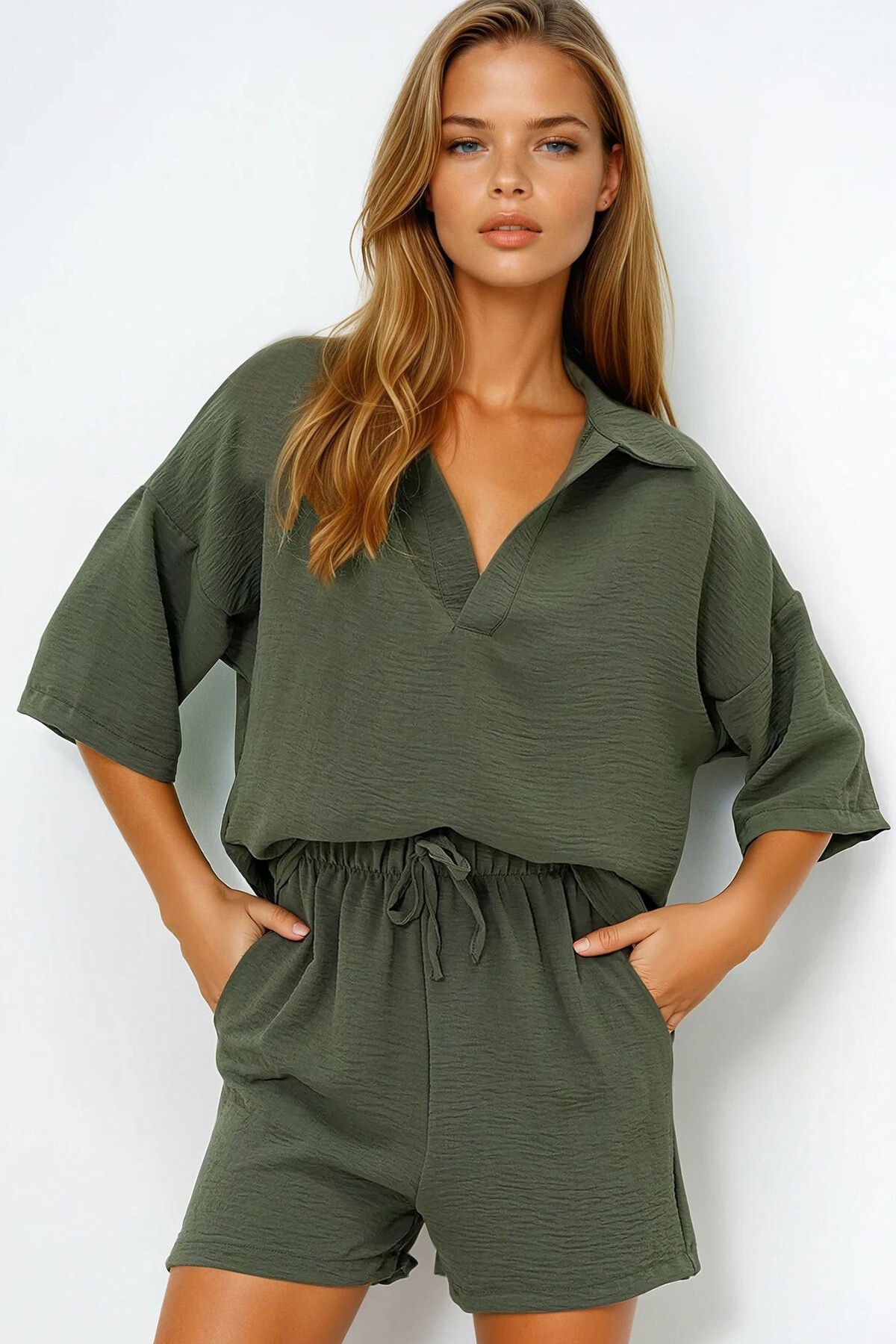 Haki Polo Yaka Aerobin Bluz Ve Şort Takım