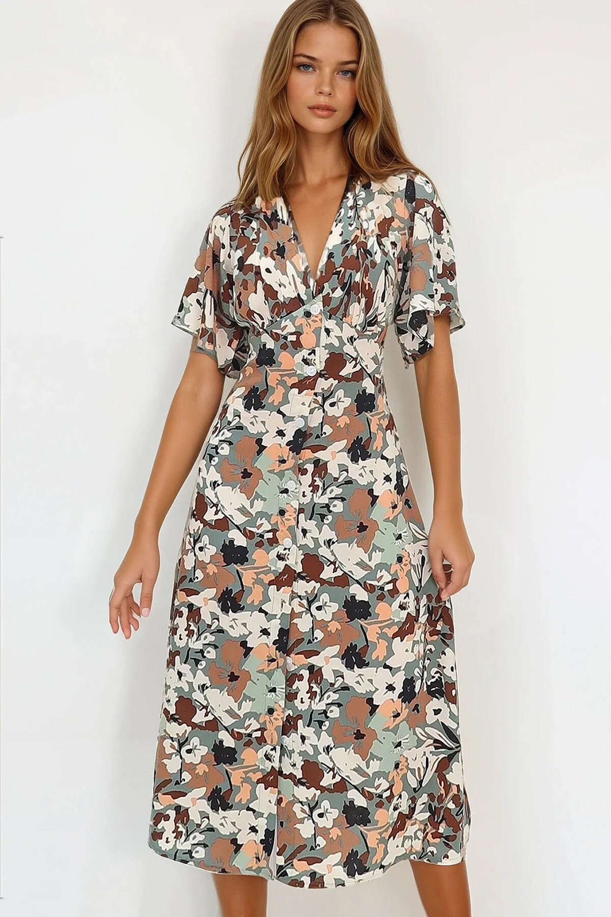 Haki V Yaka Önü Düğmeli Mikro Desenli Dokuma Viskon Elbise