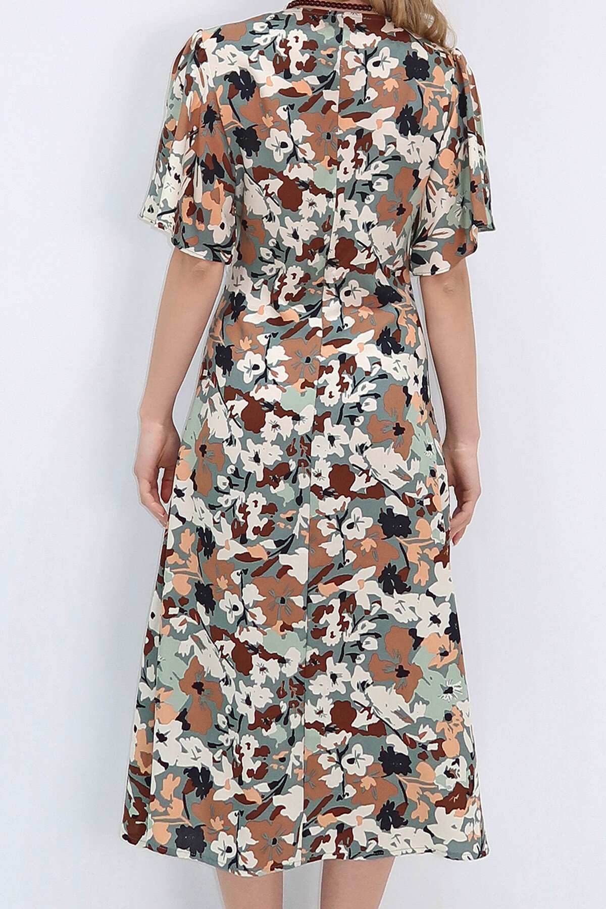 Haki V Yaka Önü Düğmeli Mikro Desenli Dokuma Viskon Elbise