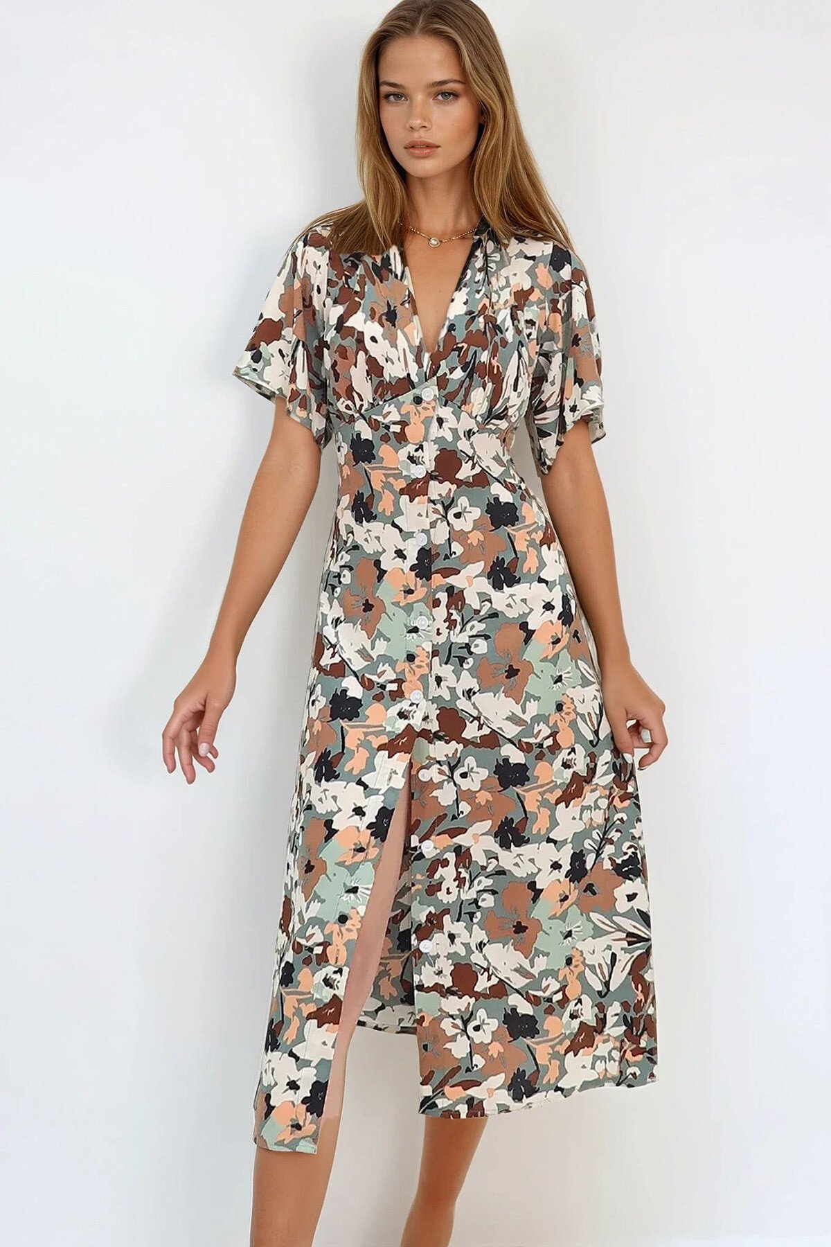 Haki V Yaka Önü Düğmeli Mikro Desenli Dokuma Viskon Elbise