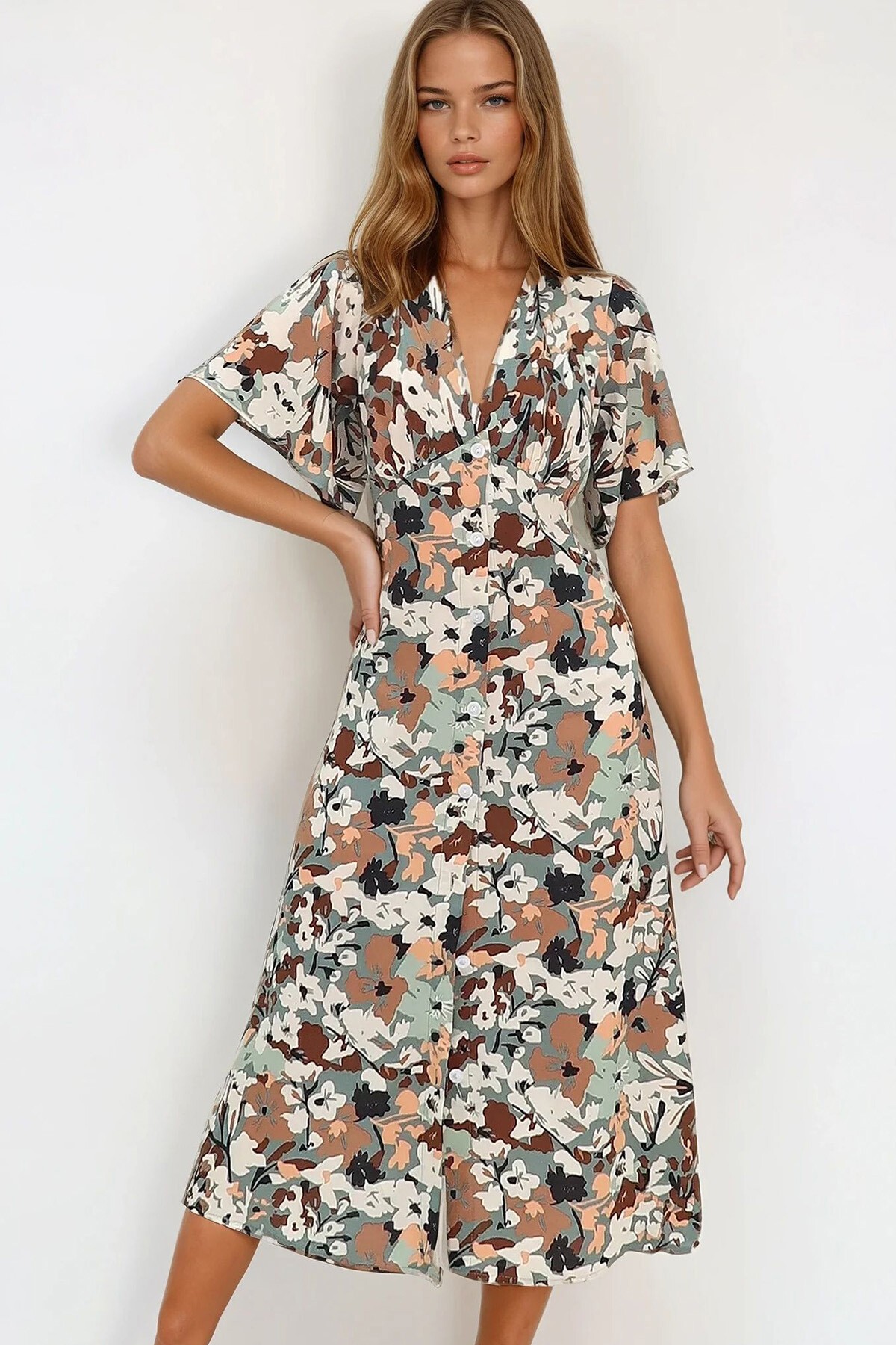 Haki V Yaka Önü Düğmeli Mikro Desenli Dokuma Viskon Elbise