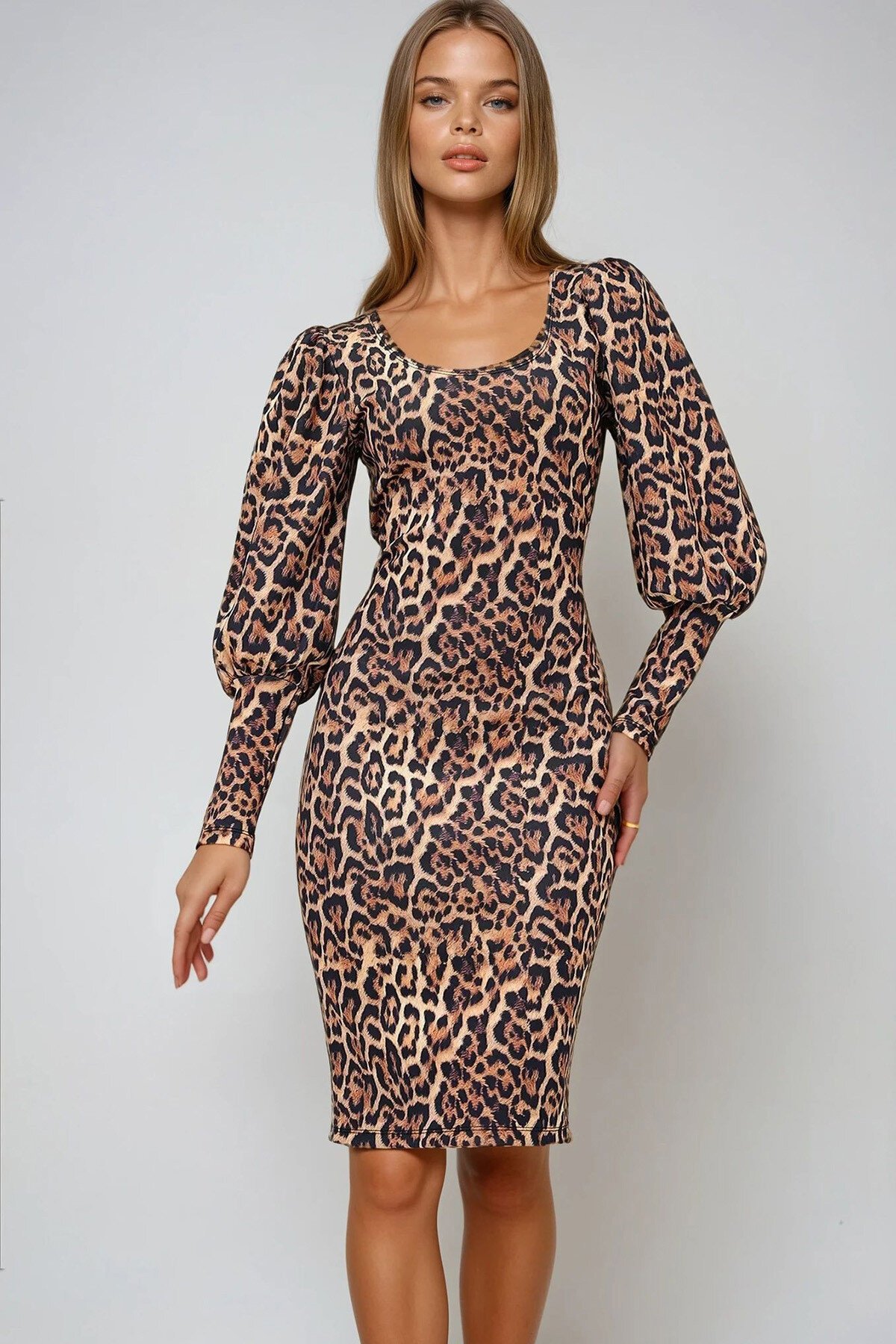 Hardal Siyah Kayık Yaka Leopar Desenli Prenses Kol Midi Boy Scuba Elbise