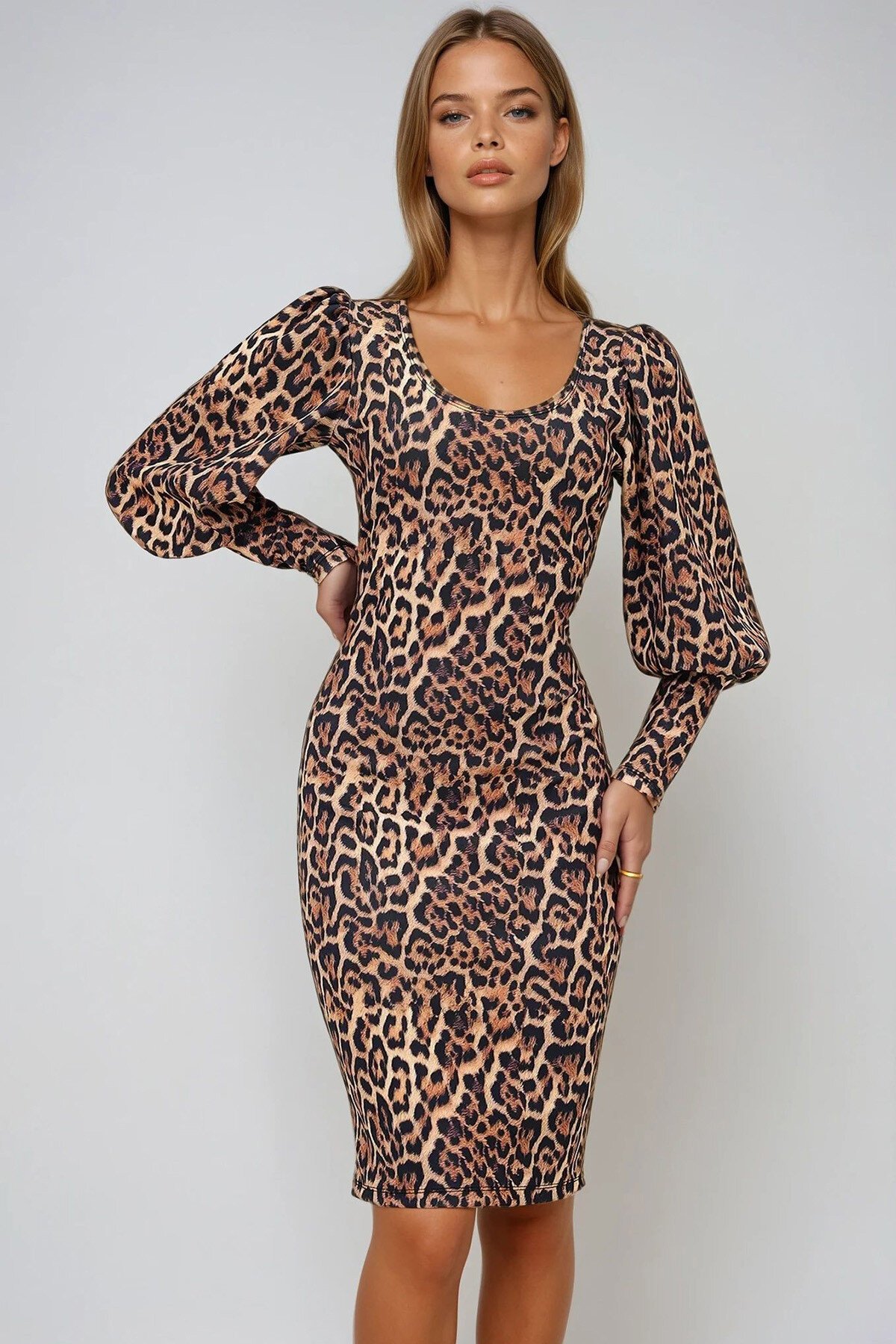 Hardal Siyah Kayık Yaka Leopar Desenli Prenses Kol Midi Boy Scuba Elbise