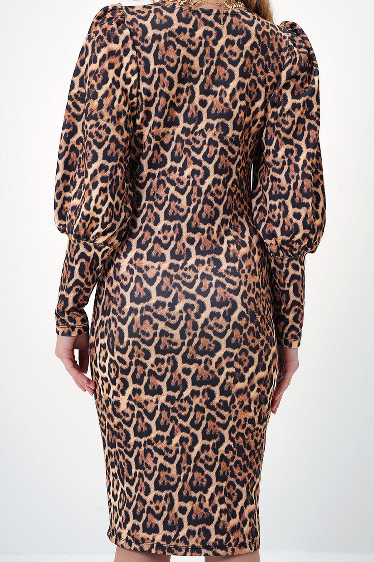 Hardal Siyah Kayık Yaka Leopar Desenli Prenses Kol Midi Boy Scuba Elbise