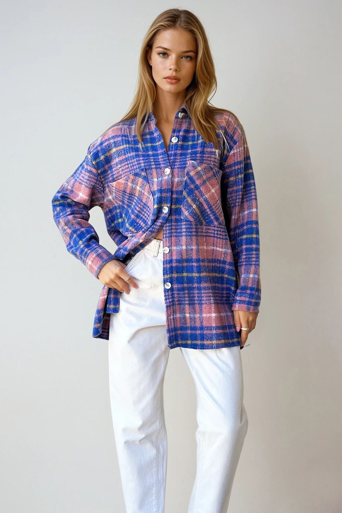 Havacı Mavisi Ekose Desenli Kaşe Pamuklu Oversize Safari Ceket Gömlek